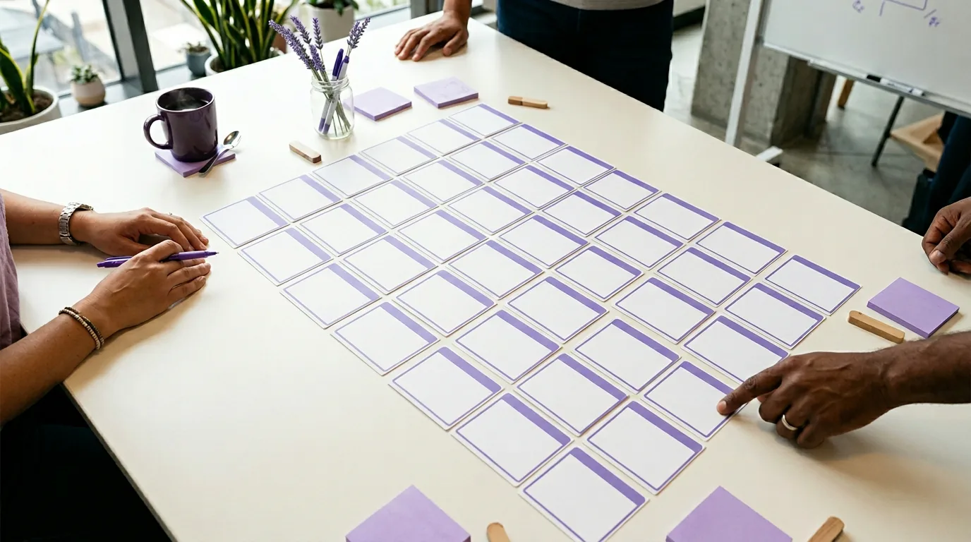 Teamtisch mit modularen Karten zur Szenario-Übung, 1200x820, WebP