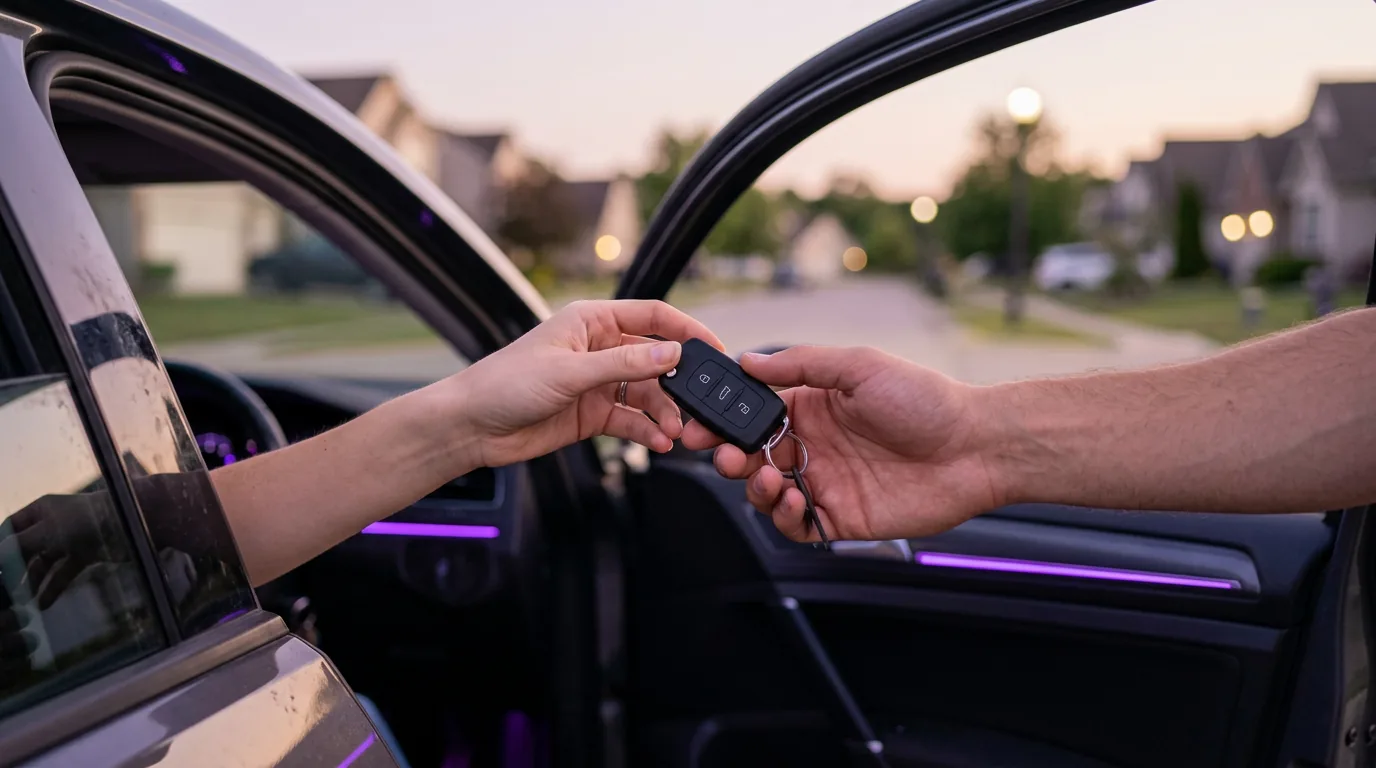 Schlüsselübergabe und Fahrzeugtür, symbolisch Mitnutzung, 1200x720, WebP