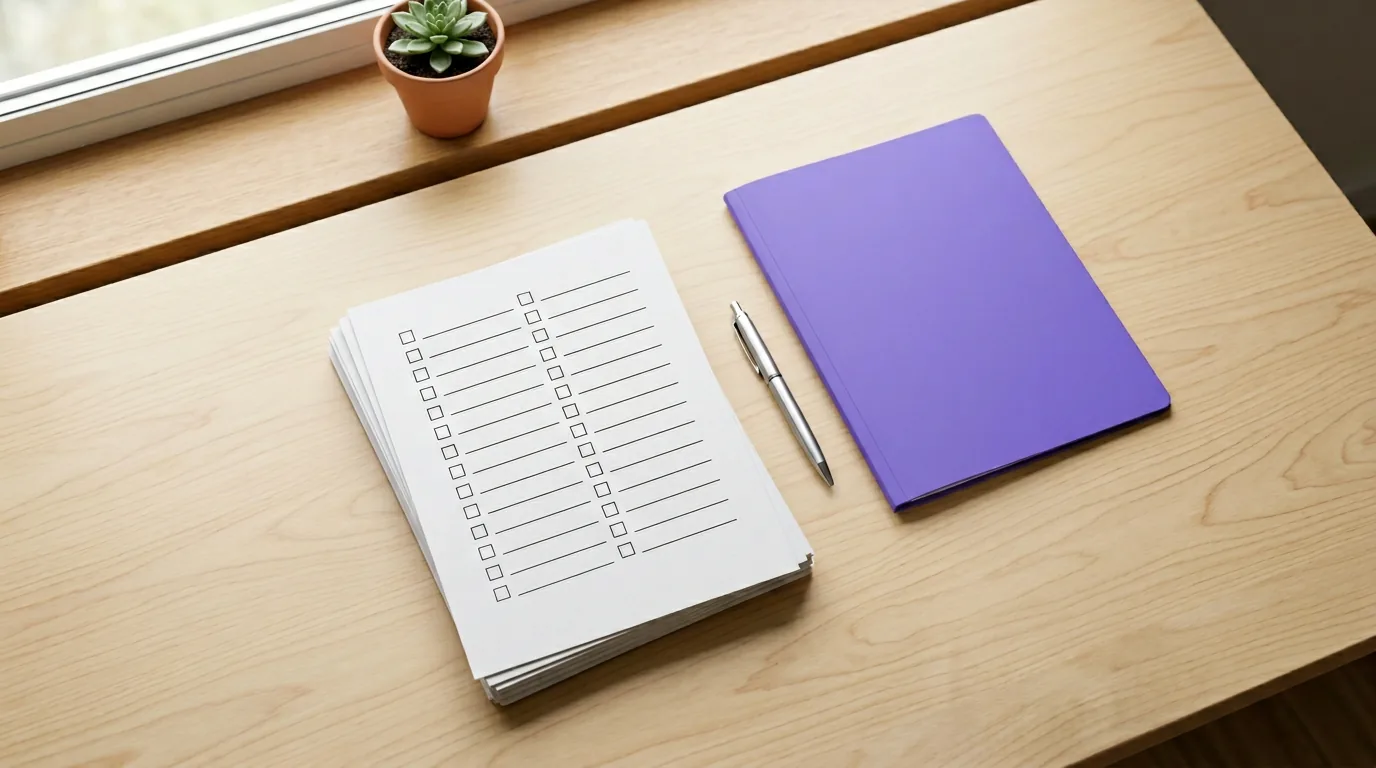 Audit-Checkliste und Policenstichworte am Schreibtisch, 1200x800, WebP